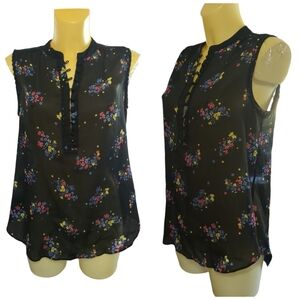 🌹3/15🌹ANN TAYLOR Black Blue Pink Yellow Floral Sheer Tank Top with Buttons